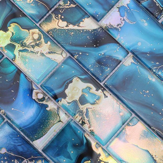 Blue Rectangular Subway Onyx Glass Mosaic Tile — mosaic subway (gạch thẻ) bằng đá onyx xanh dương