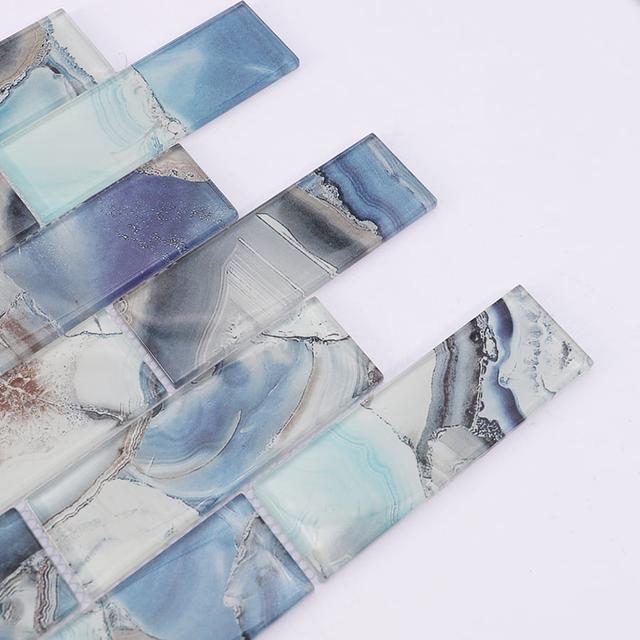Blue Grey Rectangle Subway Onyx Glass Mosaic Tile — mosaic subway (gạch thẻ) bằng đá onyx xanh dương & xám