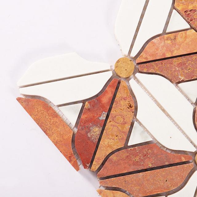 Red Travertine and White Flower Marble Floor Tile — mosaic hoa văn waterjet bằng đá travertine trắng & đỏ