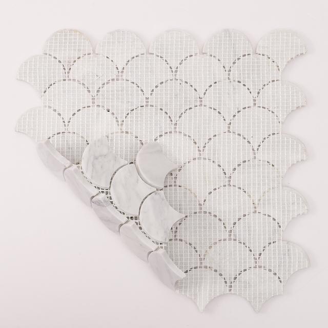Carrara White Fish Scale Mosaic Tiles — mosaic vảy cá (fish scale) bằng đá marble trắng & trắng Carrara