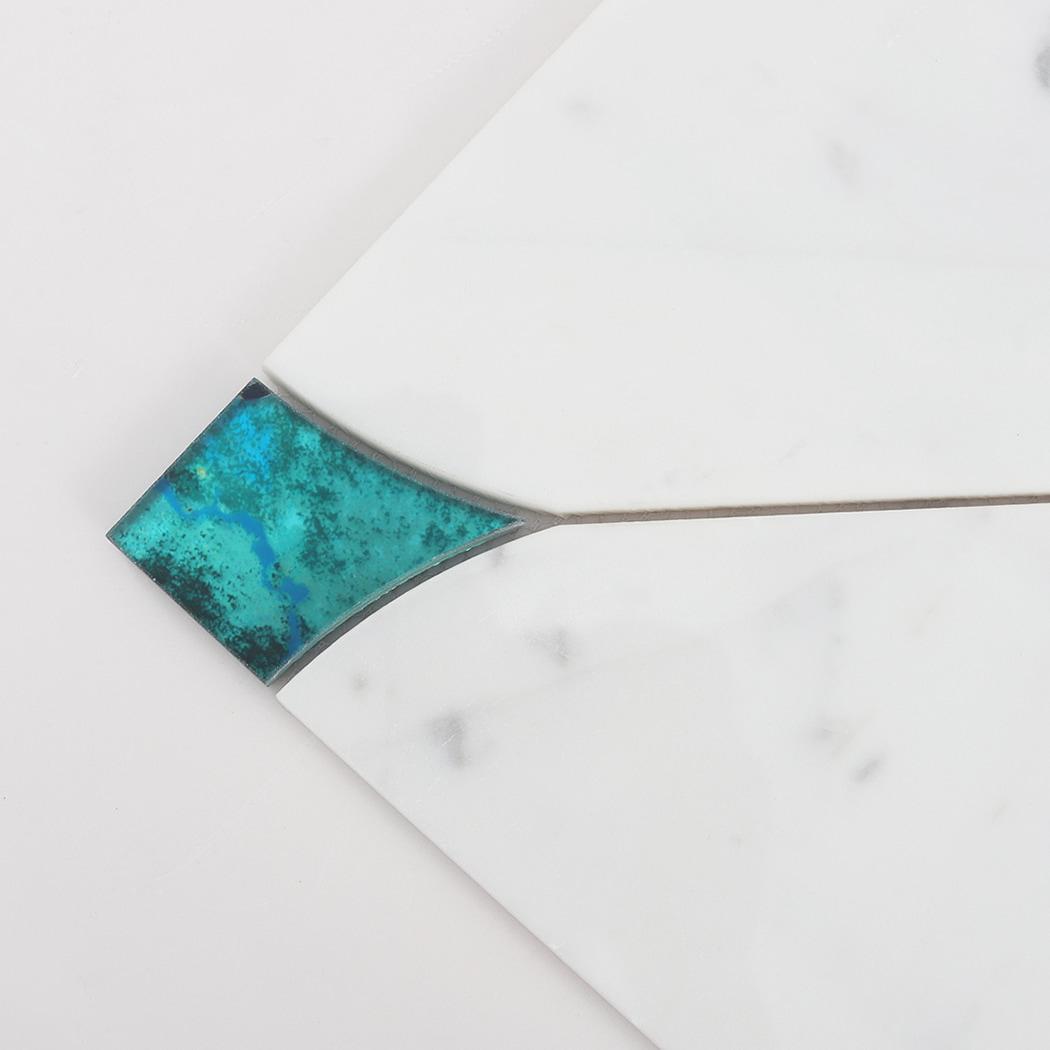 White Marble and Blue Glass Waterjet Mosaic Tile — mosaic hoa văn waterjet bằng đá marble trắng & xanh dương