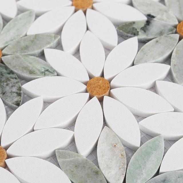 White and Green Daisy Flower Marble Tile Backsplash and Floor Mosaic — mosaic hoa văn waterjet bằng đá marble trắng & xanh lục