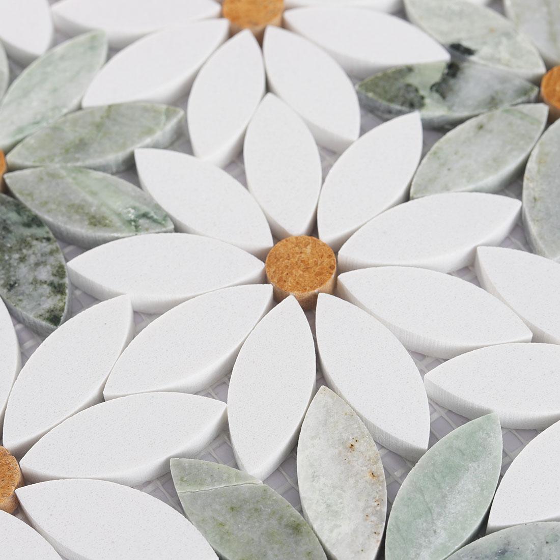 White and Green Daisy Flower Marble Tile Backsplash and Floor Mosaic — mosaic hoa văn waterjet bằng đá marble trắng & xanh lục
