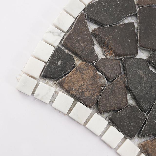 Irregular Broken Marble Mosaic Dark Brown Tile with White Border — mosaic ghép nghệ thuật bằng đá marble trắng & nâu