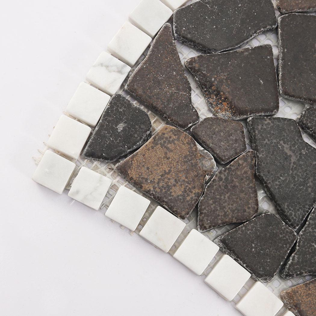 Irregular Broken Marble Mosaic Dark Brown Tile with White Border — mosaic ghép nghệ thuật bằng đá marble trắng & nâu