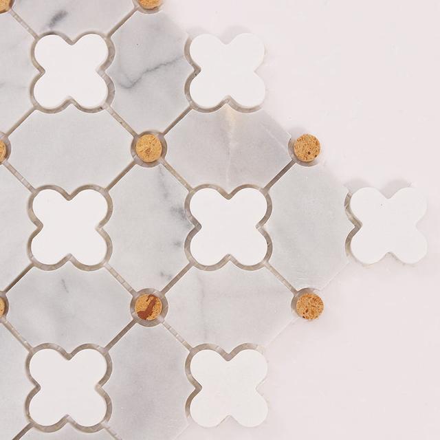 Gray and White Flower Waterjet Marble Mosaic Tiles — mosaic hoa văn waterjet bằng đá marble trắng & xám