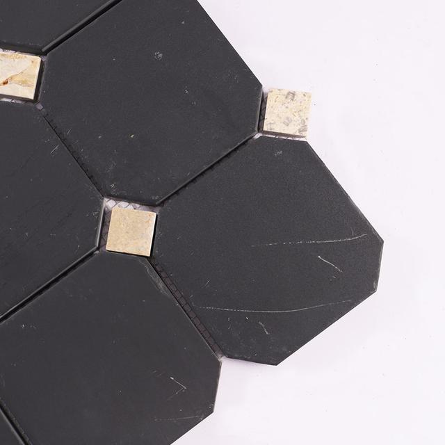 Black Octagon With Beige Square Accent Marble Tile Bathroom Mosaic — mosaic vuông bằng đá marble đen & beige