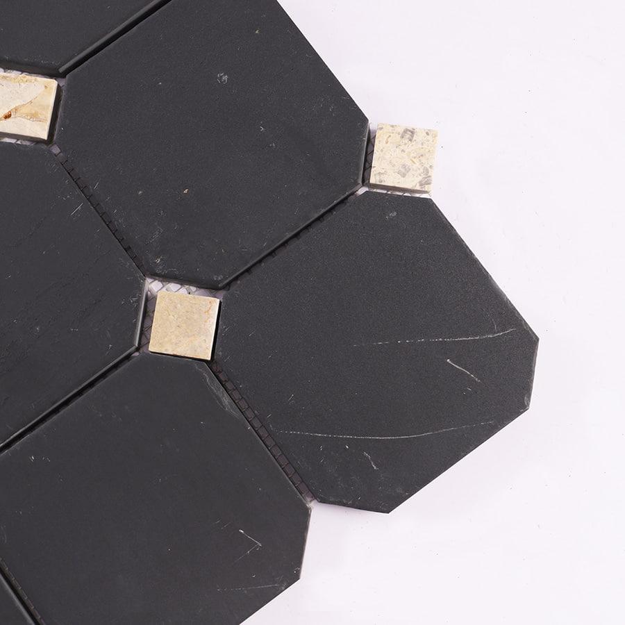 Black Octagon With Beige Square Accent Marble Tile Bathroom Mosaic — mosaic vuông bằng đá marble đen & beige