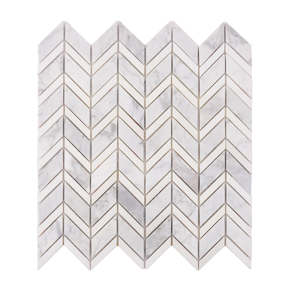 Mosaic marble trắng lát xương cá — nhịp điệu chéo của mặt sàn đá
