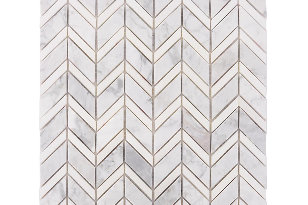 Mosaic marble trắng lát xương cá — nhịp điệu chéo của mặt sàn đá