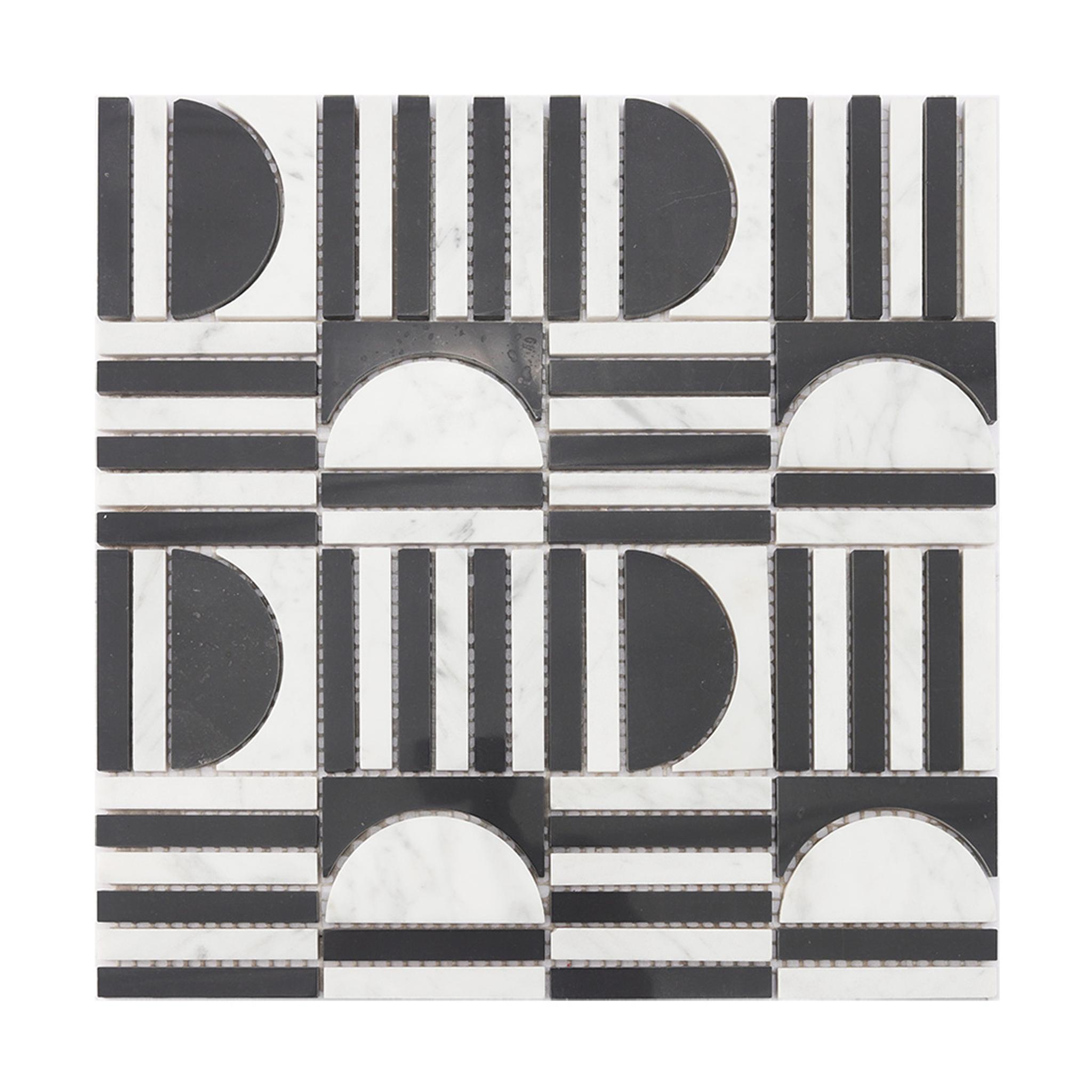Black and White Geometric Marble Tile — mosaic ghép nghệ thuật bằng đá marble đen & trắng