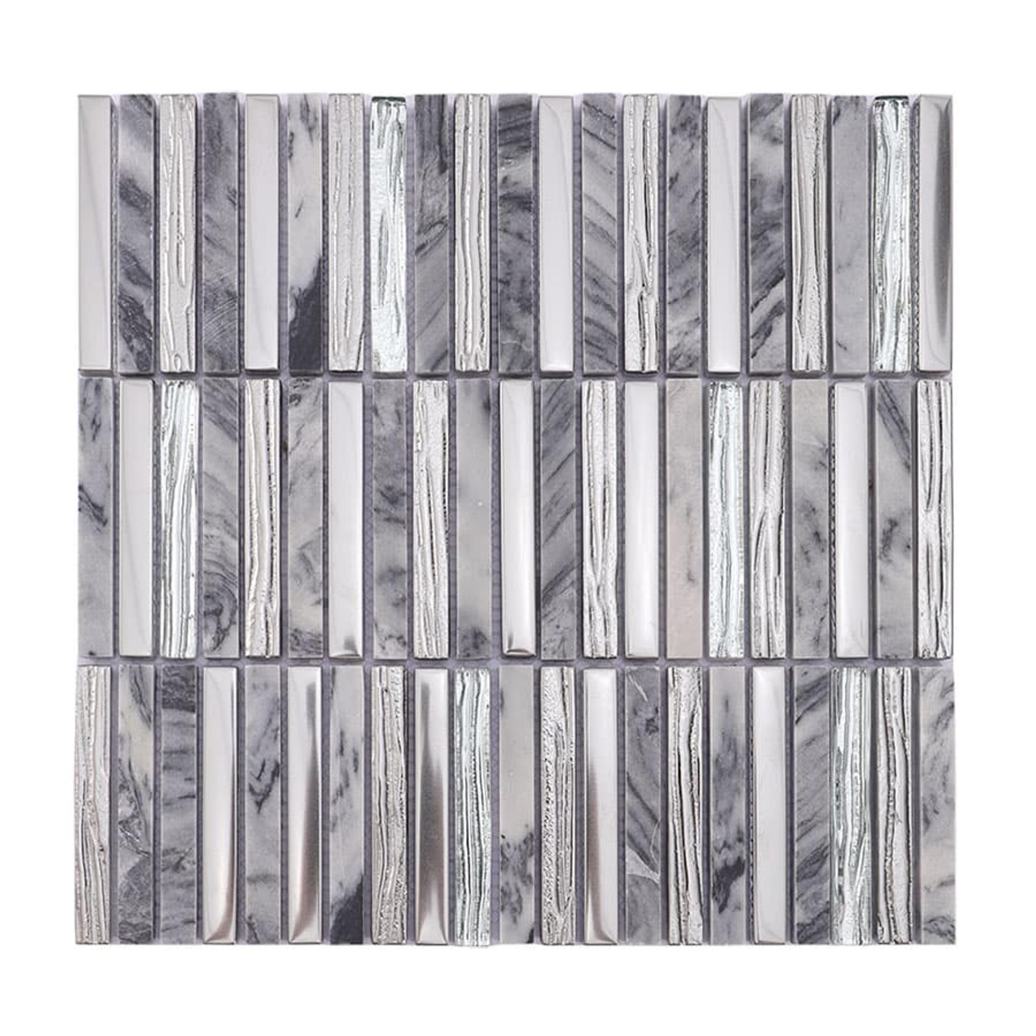 Silver Glass and Gray Marble Mosaic Linear Tile — mosaic thanh dài (linear) bằng đá marble xám & bạc