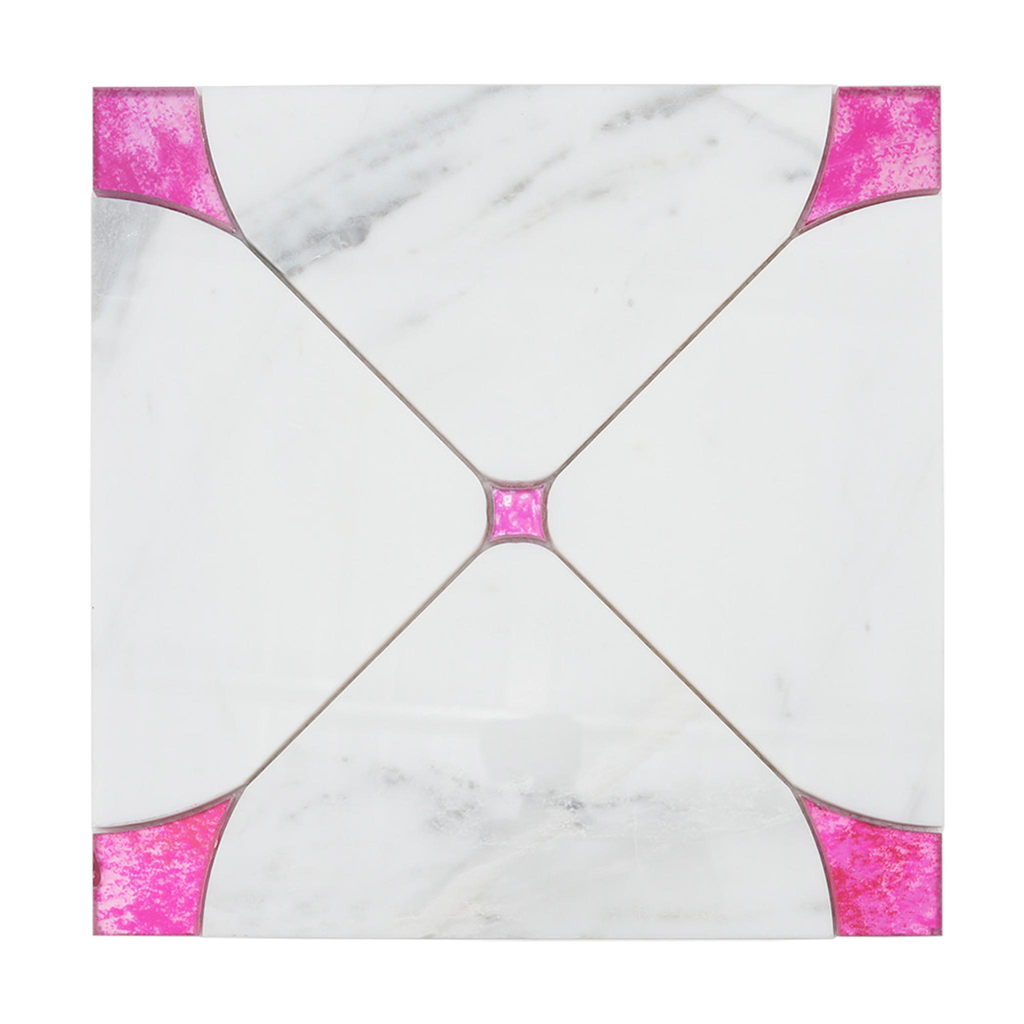 White Square Marble Waterjet Mosaic Tile with Pink Glass — mosaic hoa văn waterjet bằng đá marble trắng & hồng