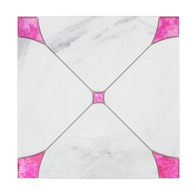 White Square Marble Waterjet Mosaic Tile with Pink Glass — mosaic hoa văn waterjet bằng đá marble trắng & hồng
