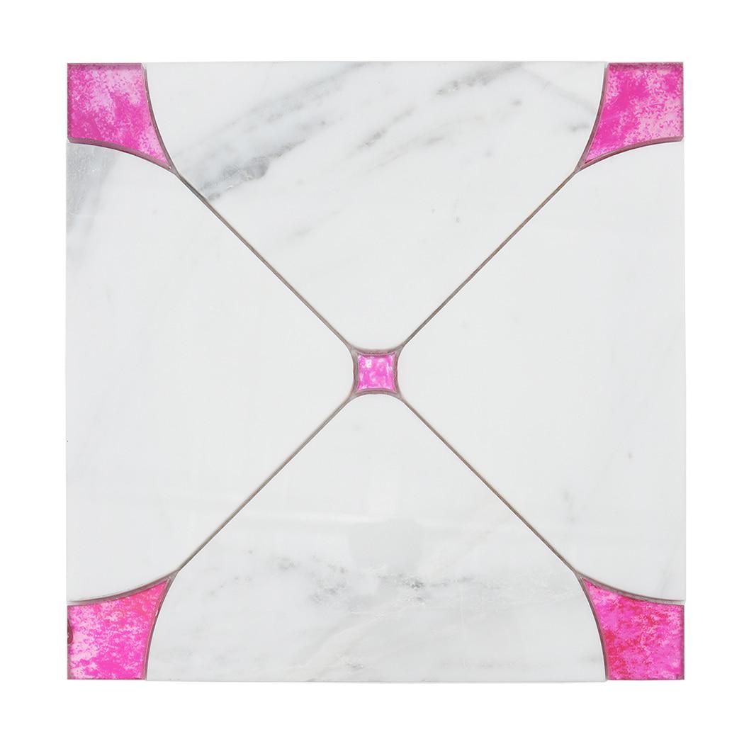 White Square Marble Waterjet Mosaic Tile with Pink Glass — mosaic hoa văn waterjet bằng đá marble trắng & hồng