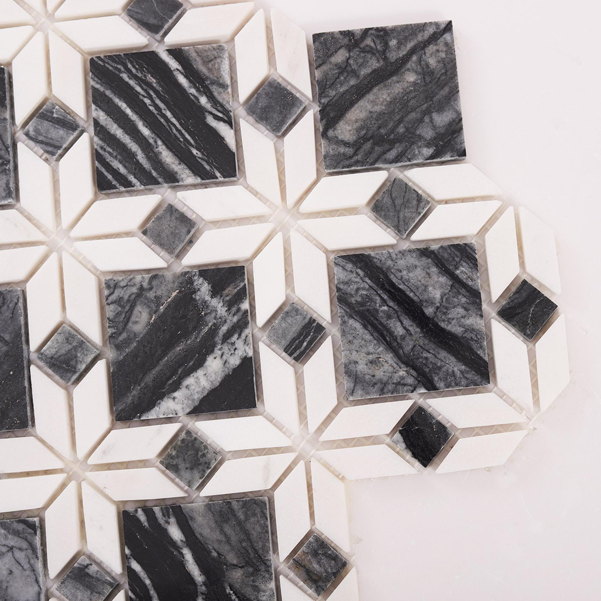 Floral Pattern Gray and White Marble Mosaic Tiles — mosaic hoa văn waterjet bằng đá marble trắng & xám