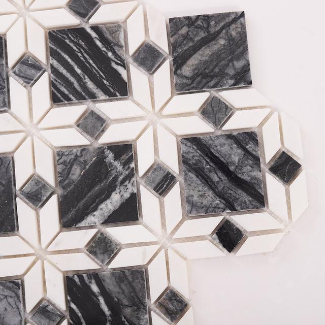 Floral Pattern Gray and White Marble Mosaic Tiles — mosaic hoa văn waterjet bằng đá marble trắng & xám