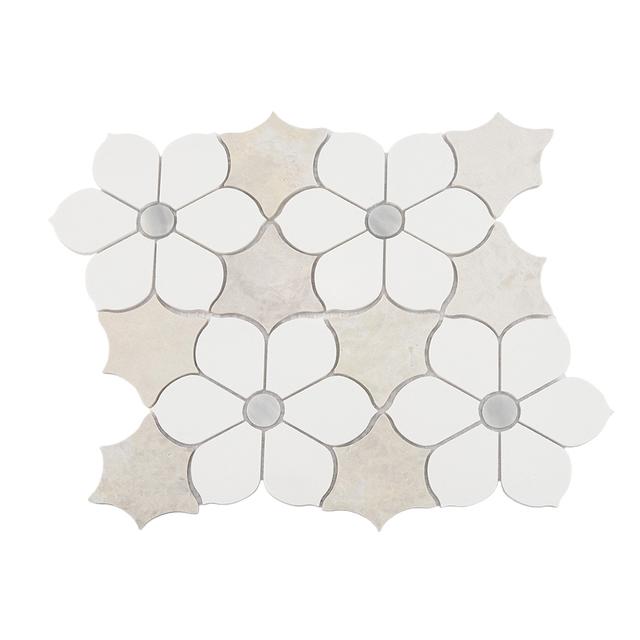 White Beige Floral Marble Mosaic Tile for Elegant Bathroom Walls — mosaic hoa văn waterjet bằng đá marble trắng & beige