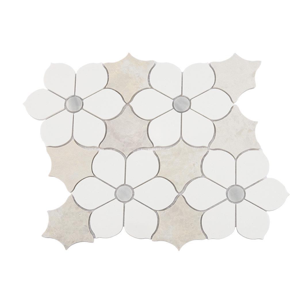 White Beige Floral Marble Mosaic Tile for Elegant Bathroom Walls — mosaic hoa văn waterjet bằng đá marble trắng & beige