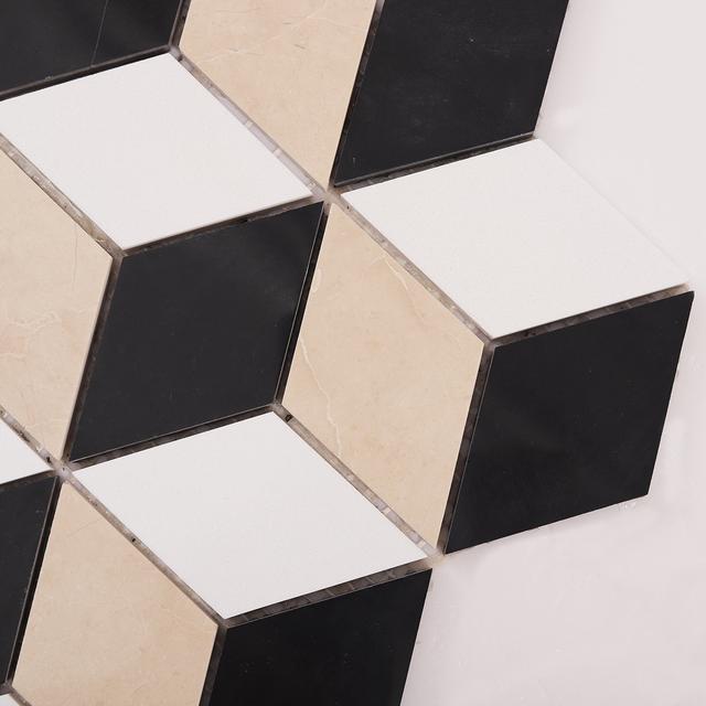 Black and White Diamond Cube Marble Tiles — mosaic ghép nghệ thuật bằng đá marble đen & trắng