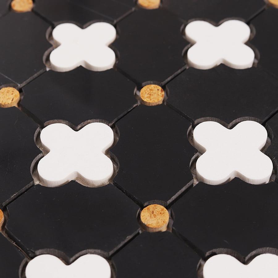 Black and White Floral Marble Mosaic Tiles — mosaic hoa văn waterjet bằng đá marble đen & trắng