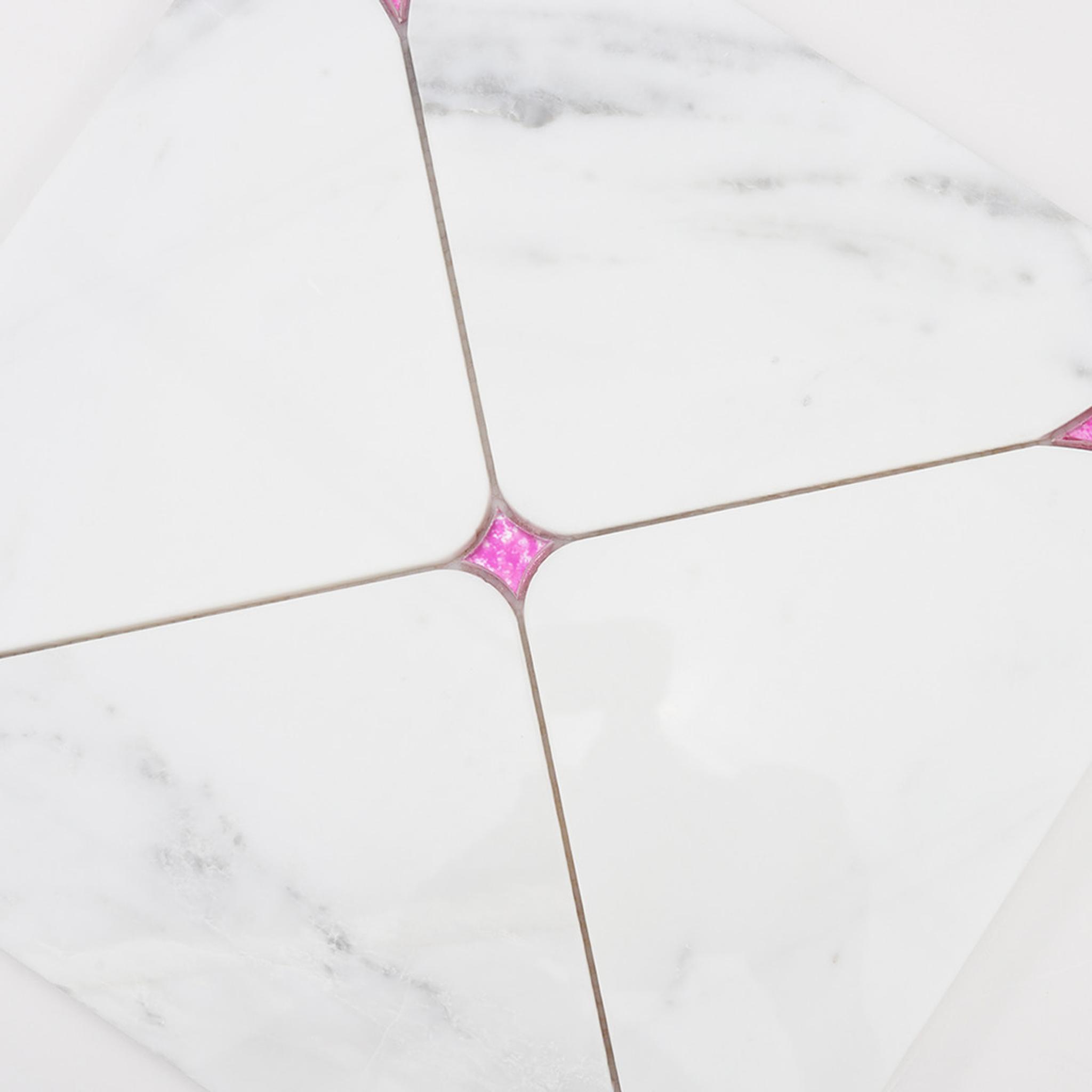White Square Marble Waterjet Mosaic Tile with Pink Glass — mosaic hoa văn waterjet bằng đá marble trắng & hồng