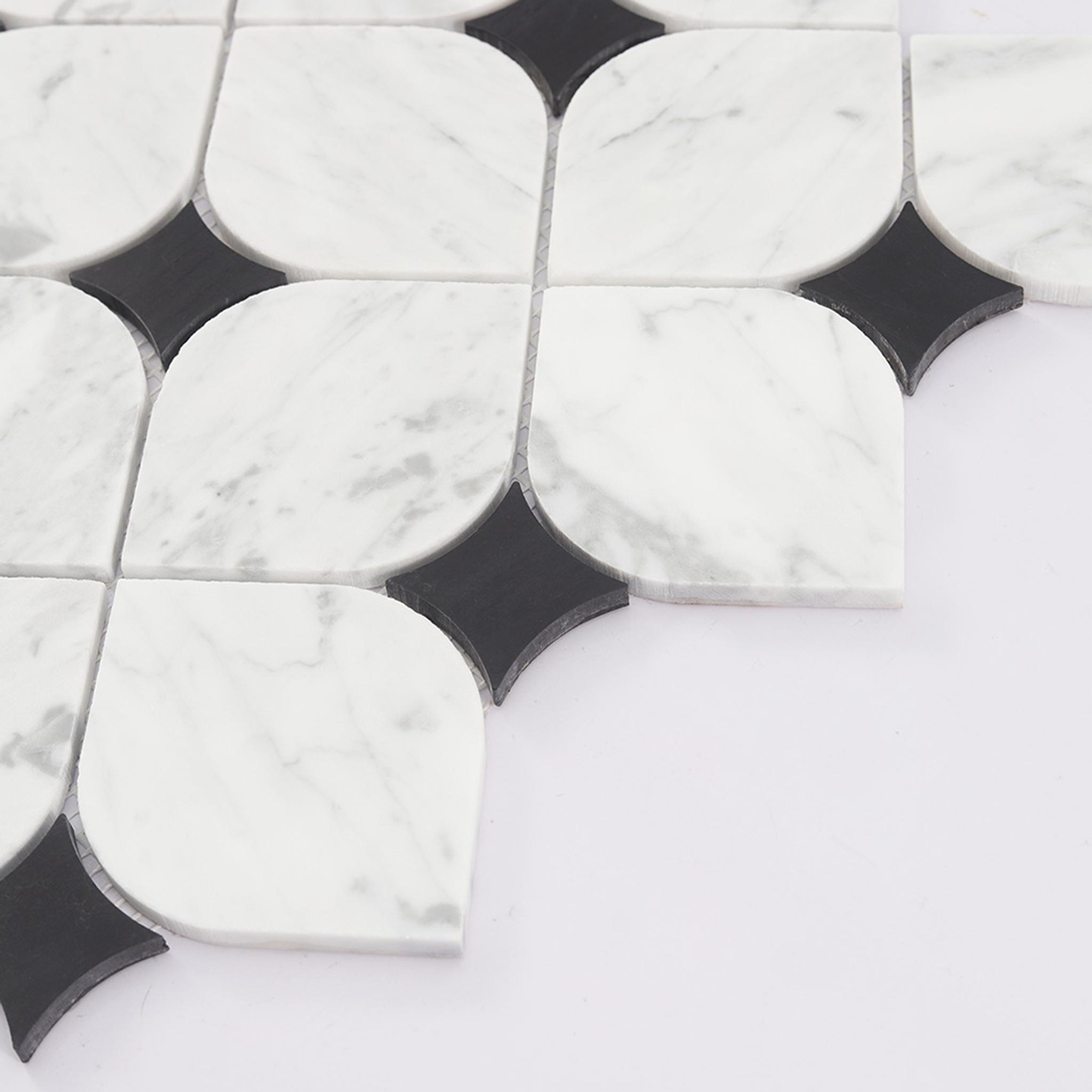 White Lantern Marble Mosaic Tile with Black Square Accents — mosaic arabesque bằng đá marble đen & trắng