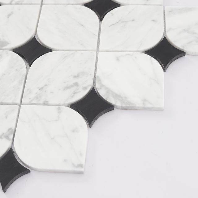 White Lantern Marble Mosaic Tile with Black Square Accents — mosaic arabesque bằng đá marble đen & trắng