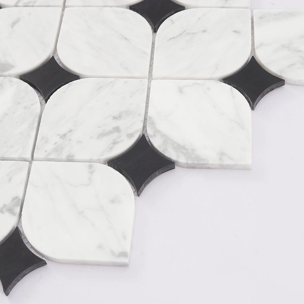 White Lantern Marble Mosaic Tile with Black Square Accents — mosaic arabesque bằng đá marble đen & trắng