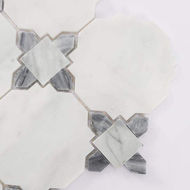 White and Gray Marble Mosaic Tile with Classic Geometric Pattern — mosaic ghép nghệ thuật bằng đá marble trắng & xám