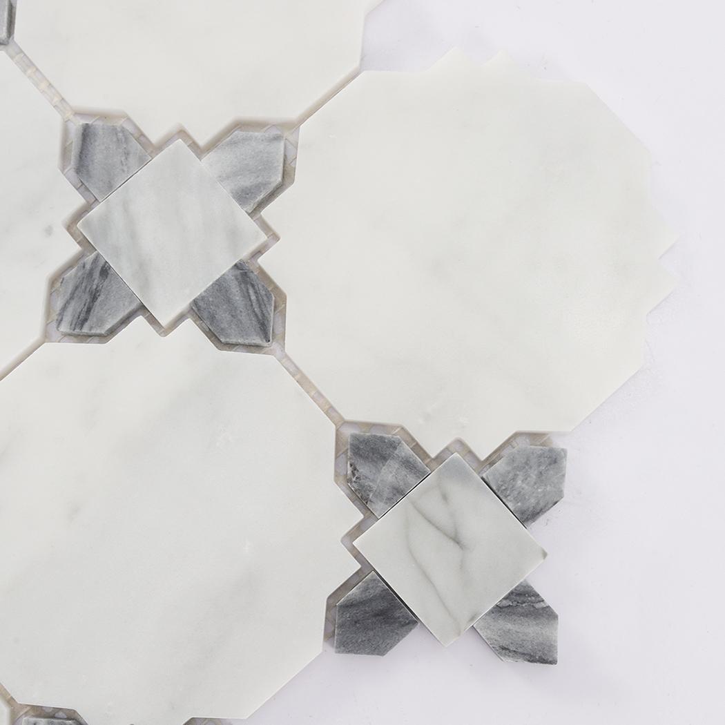 White and Gray Marble Mosaic Tile with Classic Geometric Pattern — mosaic ghép nghệ thuật bằng đá marble trắng & xám