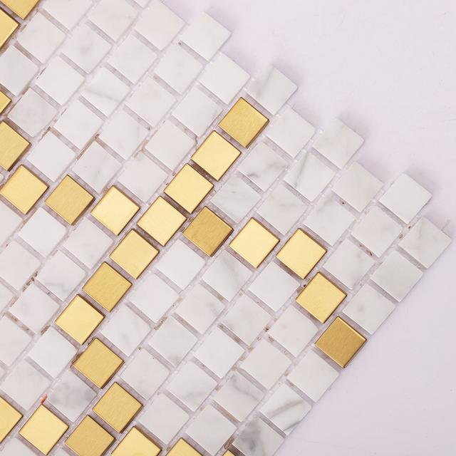 White and Gold Pattern Mosaic Tile Pixel Art — mosaic ghép nghệ thuật bằng đá marble trắng & vàng