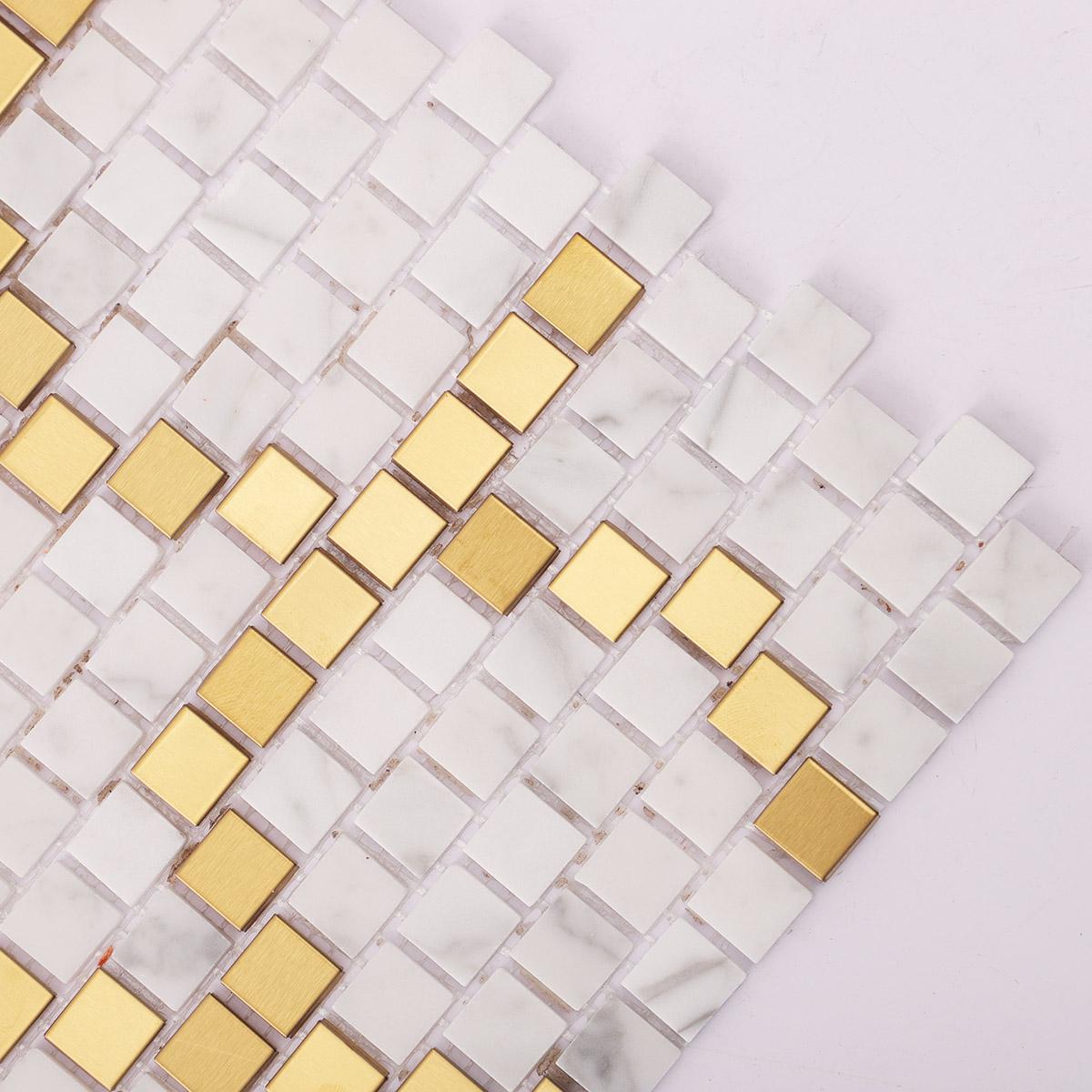 White and Gold Pattern Mosaic Tile Pixel Art — mosaic ghép nghệ thuật bằng đá marble trắng & vàng