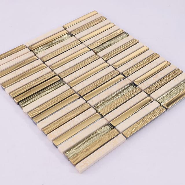Gold Glass and Beige Marble Stack Linear Mosaic Tile for Kitchen an… — mosaic thanh dài (linear) bằng đá marble beige & vàng