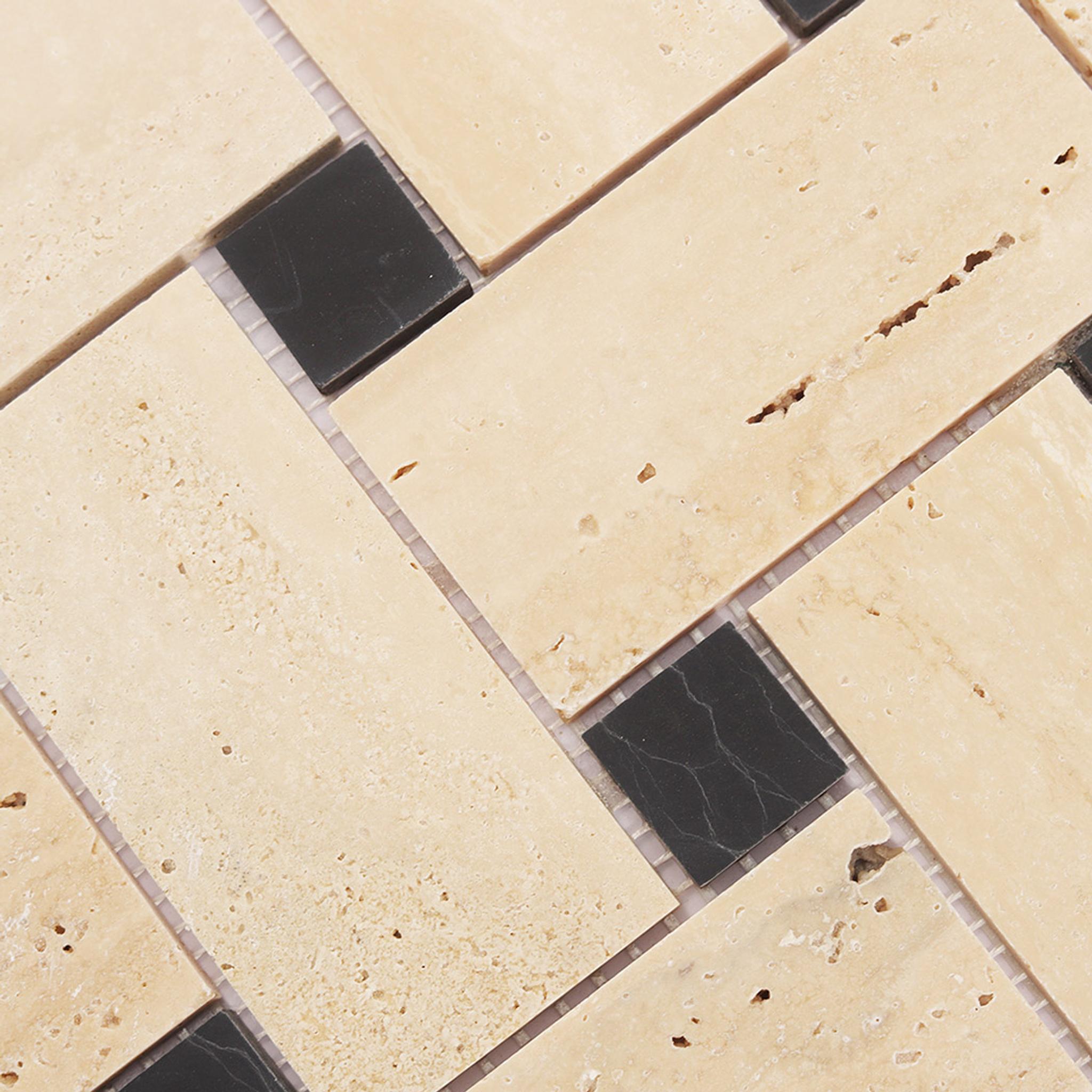 Beige Basketweave Marble Mosaic with Black Dot — mosaic đan rổ (basketweave) bằng đá marble beige điểm đen
