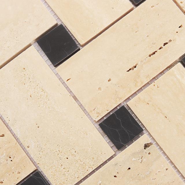 Beige Basketweave Marble Mosaic with Black Dot — mosaic đan rổ (basketweave) bằng đá marble beige điểm đen