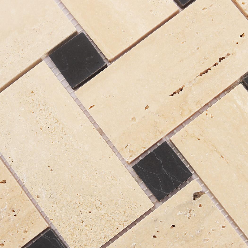 Beige Basketweave Marble Mosaic with Black Dot — mosaic đan rổ (basketweave) bằng đá marble beige điểm đen