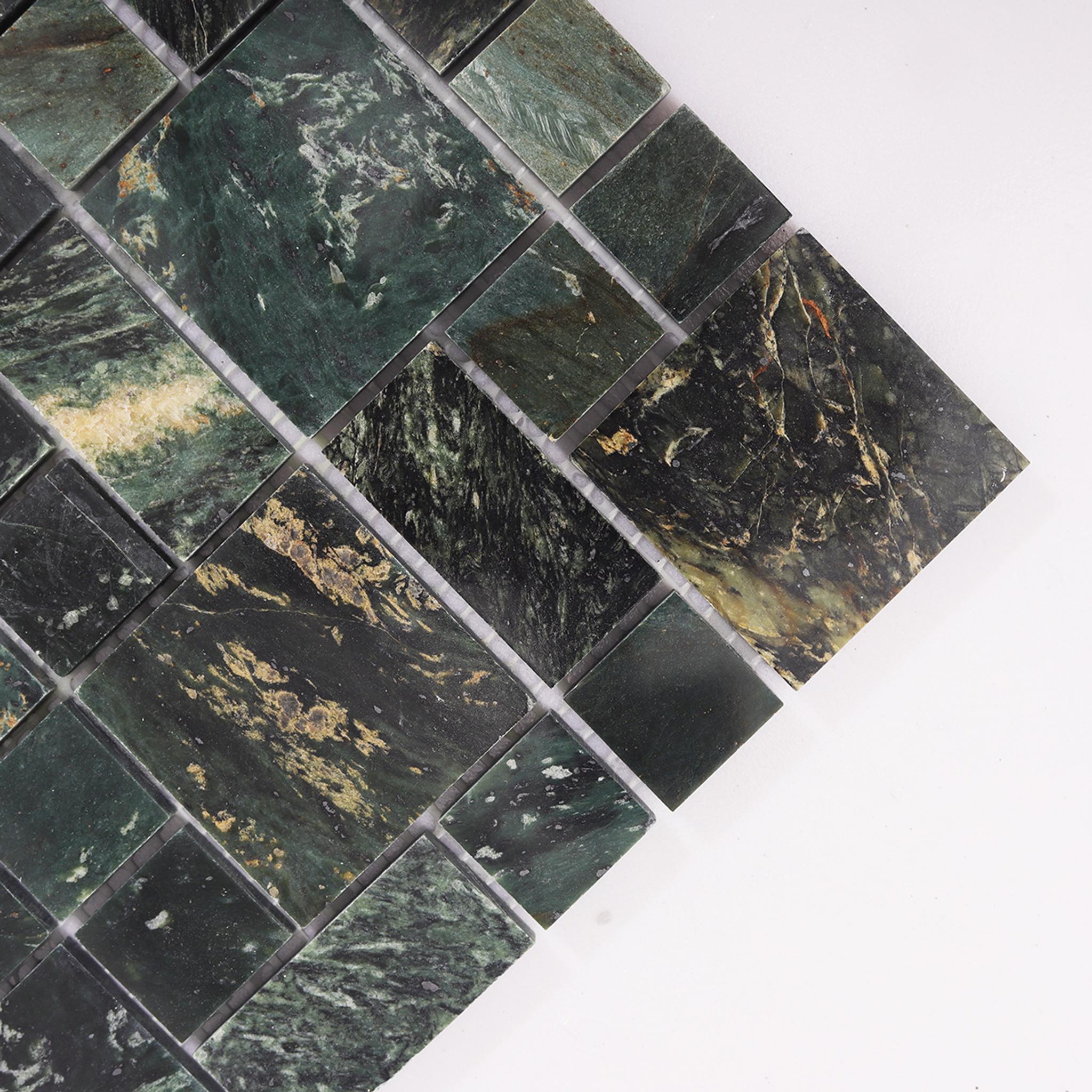 Dark Green Natural Marble Honed Mosaic Bathroom Tiles — mosaic ghép nghệ thuật bằng đá marble xanh lục
