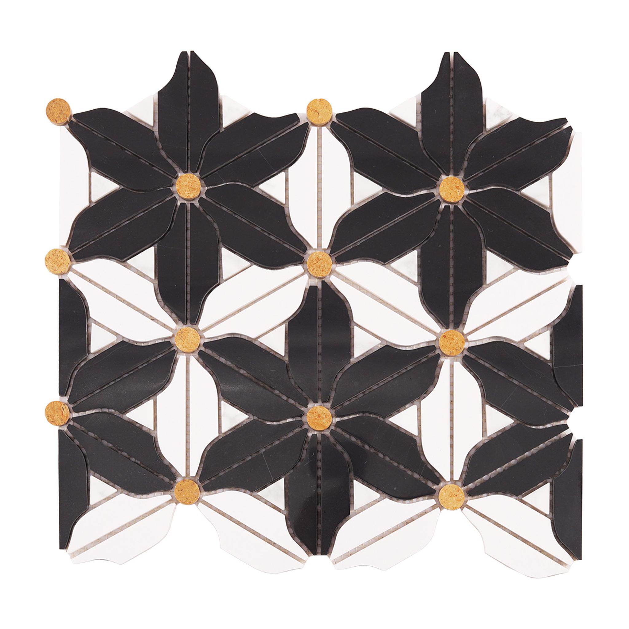 Black and White Flower Marble Mosaic — mosaic hoa văn waterjet bằng đá marble đen & trắng