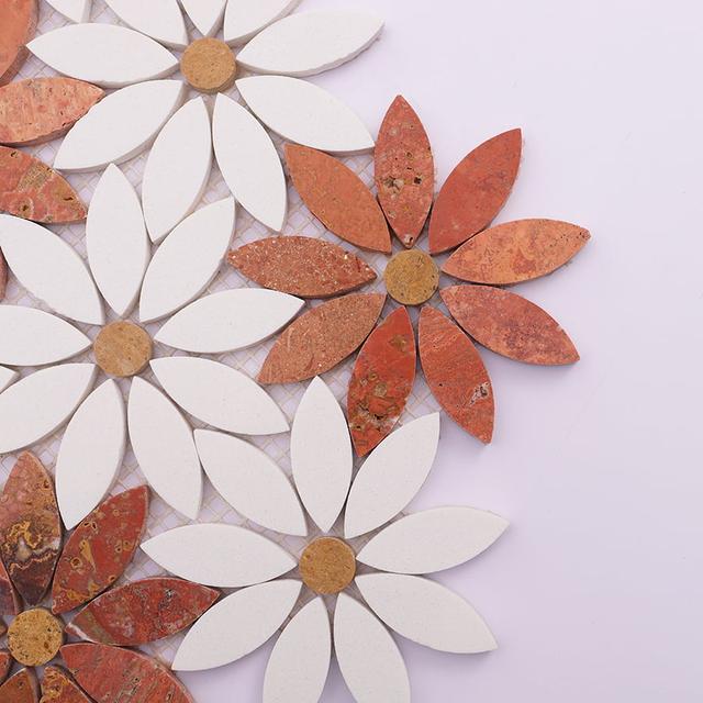 White and Red Daisy Marble Mosaic Tiles — mosaic hoa văn waterjet bằng đá travertine trắng & đỏ