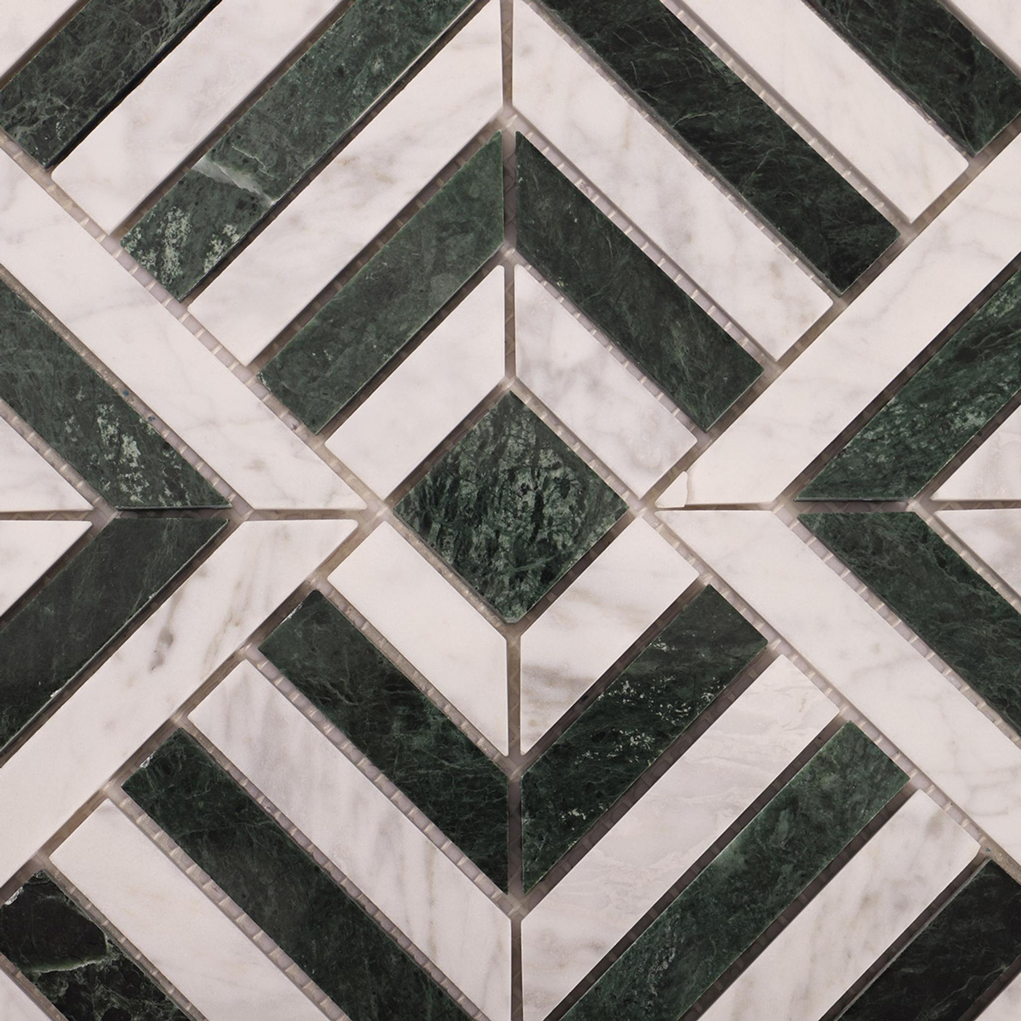 Carrara White and Verde Green Geometric Marble Mosaic Tiles — mosaic ghép nghệ thuật bằng đá marble trắng & xanh lục