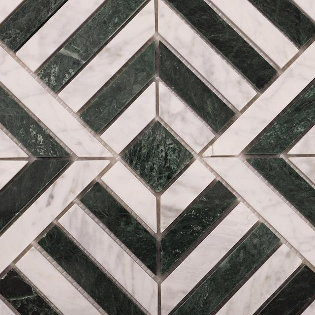 Carrara White and Verde Green Geometric Marble Mosaic Tiles — mosaic ghép nghệ thuật bằng đá marble trắng & xanh lục