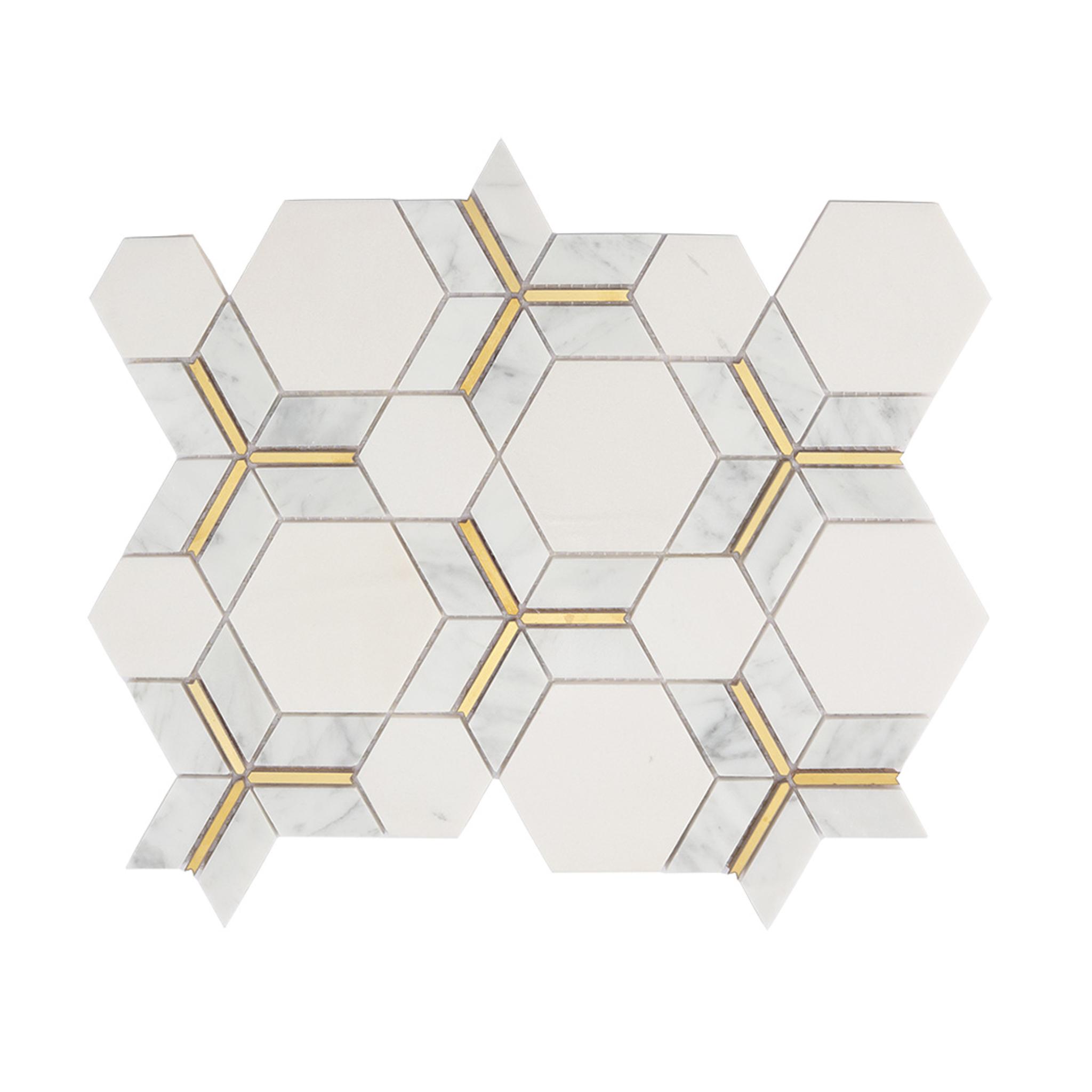 White Hexagon Marble Mosaic Tile with Gold Metal Line Inserts — mosaic lục giác bằng đá marble trắng & vàng