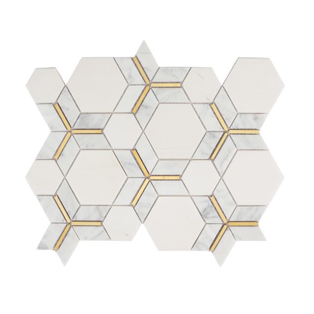 White Hexagon Marble Mosaic Tile with Gold Metal Line Inserts — mosaic lục giác bằng đá marble trắng & vàng