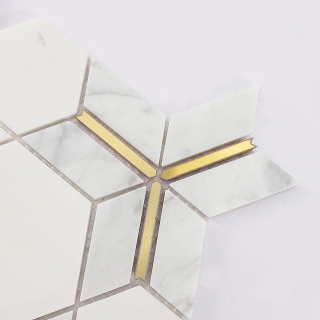 White Hexagon Marble Mosaic Tile with Gold Metal Line Inserts — mosaic lục giác bằng đá marble trắng & vàng