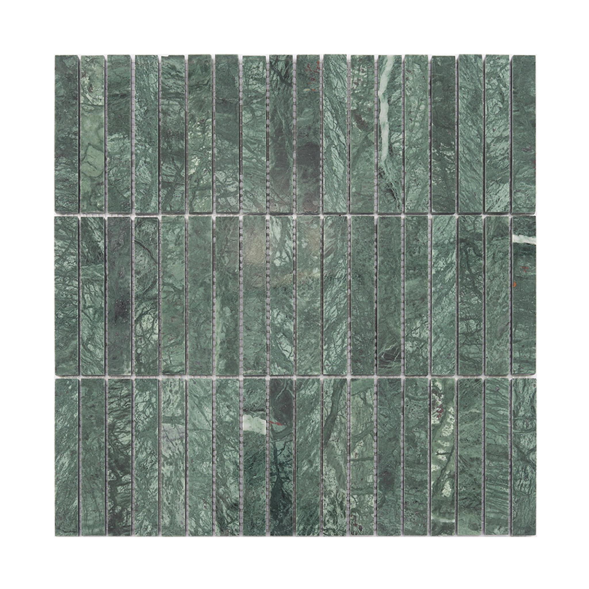 Green Marble Vertical Strip Tile Mosaic Kitchen Backsplash — mosaic thanh dài (linear) bằng đá marble xanh lục