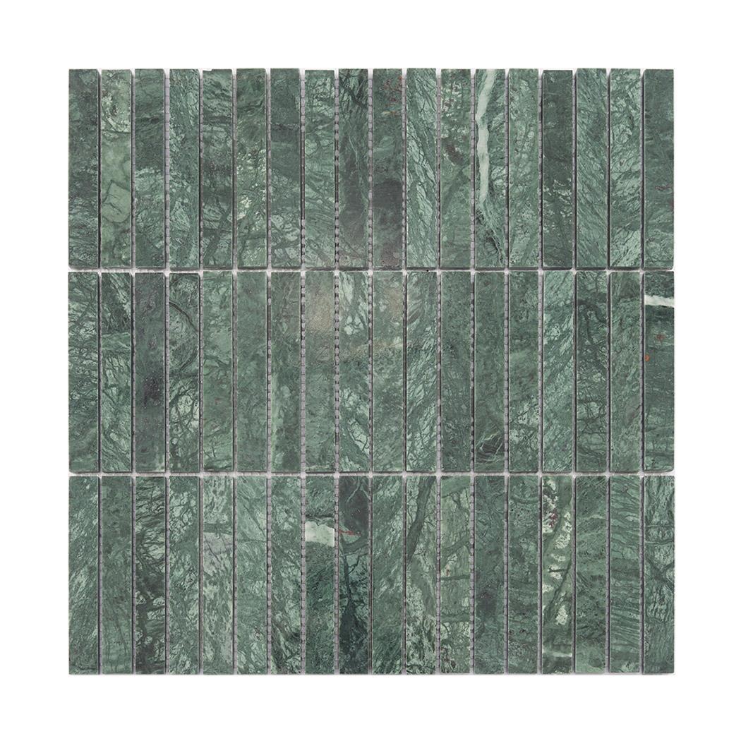 Green Marble Vertical Strip Tile Mosaic Kitchen Backsplash — mosaic thanh dài (linear) bằng đá marble xanh lục