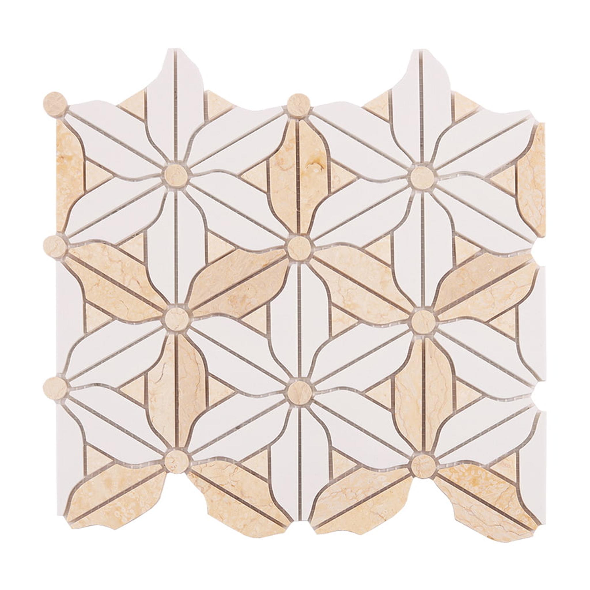Flower Pattern Beige and White Marble Mosaic Tiles — mosaic hoa văn waterjet bằng đá marble trắng & beige