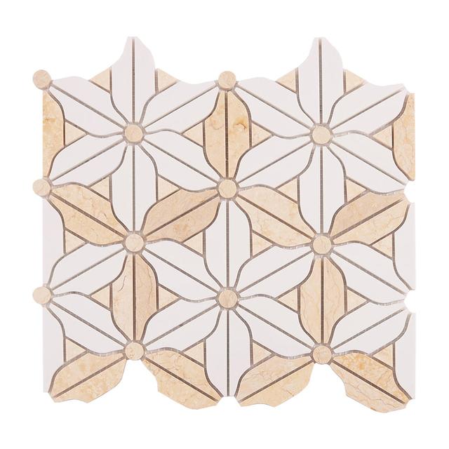 Flower Pattern Beige and White Marble Mosaic Tiles — mosaic hoa văn waterjet bằng đá marble trắng & beige