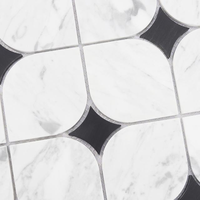 White Lantern Marble Mosaic Tile with Black Square Accents — mosaic arabesque bằng đá marble đen & trắng